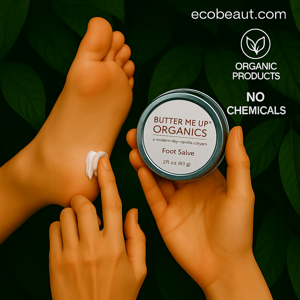"Foot salve being applied to bare foot, with one organic products label, no chemicals icon, and ecobeaut.com branding in the upper right corner."





