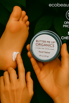 "Foot salve being applied to bare foot, with one organic products label, no chemicals icon, and ecobeaut.com branding in the upper right corner."





