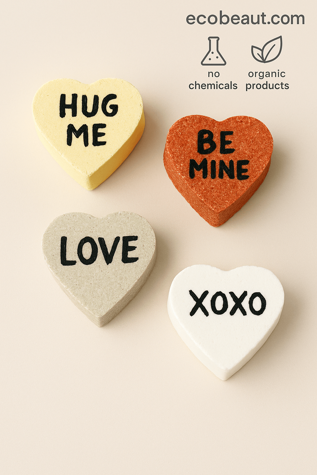 Four colorful organic heart bath bombs with cute messages like "XOXO" and "HUG ME" on white background – natural Valentine's gift – ecobeaut.com