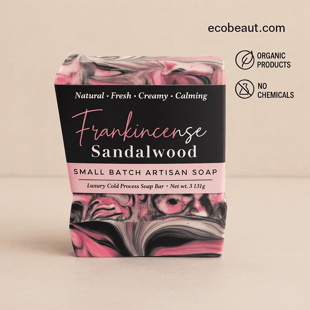 Frankincense Sandalwood artisan soap bar with pink, black, and white swirls, displayed on a beige background with ecobeaut.com, “ORGANIC PRODUCTS,” and “NO CHEMICALS” icons in the top right corner.