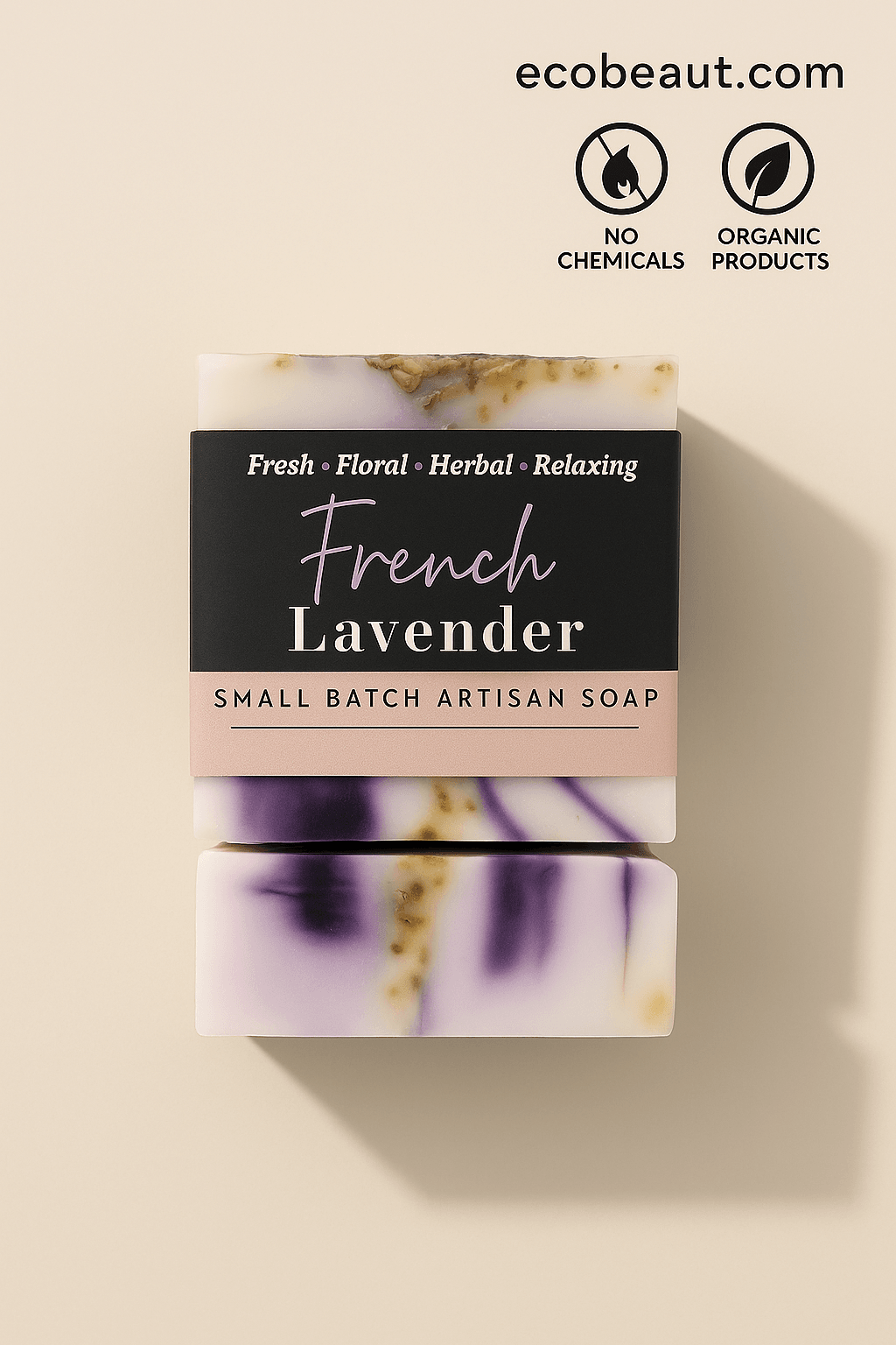 French Lavender artisan soap bar with purple marbling and dried lavender, displayed on a plain beige surface with ecobeaut.com, “NO CHEMICALS,” and “ORGANIC PRODUCTS” icons in the top right corner.