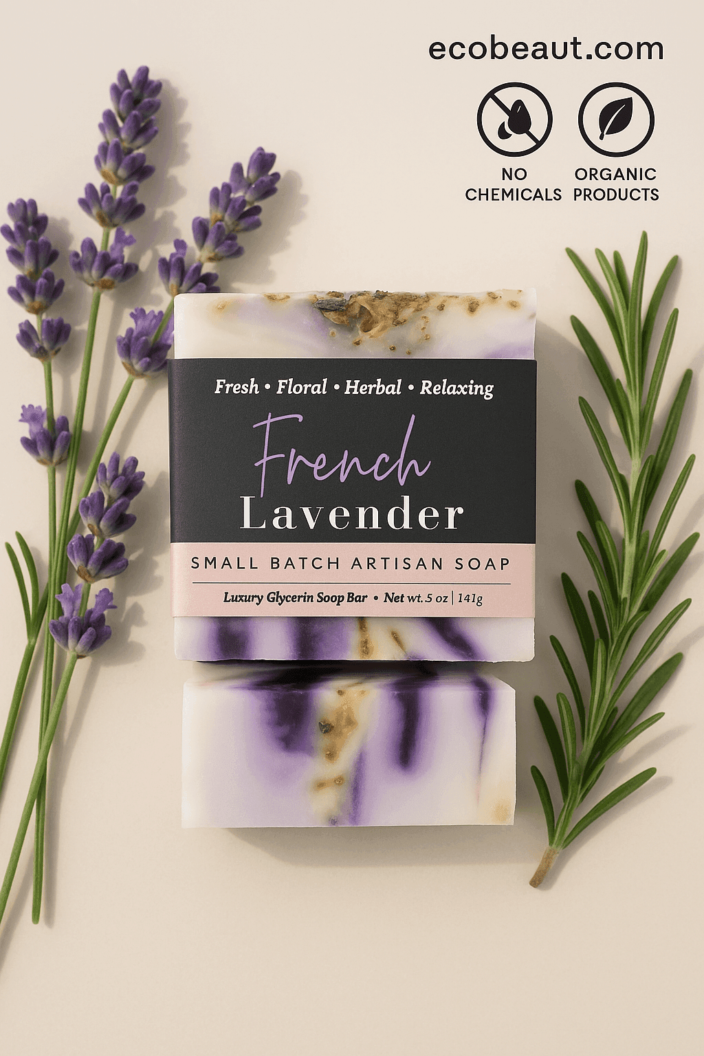 French Lavender artisan soap bar with purple swirls and dried lavender, surrounded by lavender and rosemary sprigs, with ecobeaut.com, “NO CHEMICALS,” and “ORGANIC PRODUCTS” icons in the top right corner.