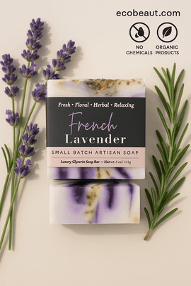 French Lavender artisan soap bar with purple swirls and dried lavender, surrounded by lavender and rosemary sprigs, with ecobeaut.com, “NO CHEMICALS,” and “ORGANIC PRODUCTS” icons in the top right corner.