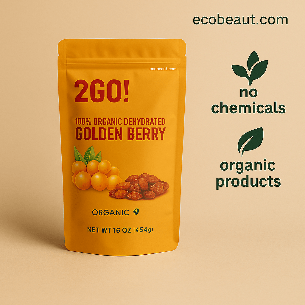 Front close-up of 2GO! organic dehydrated golden berry snack package on a neutral background with eco-friendly label ecobeaut.com, marked no chemicals and organic products.