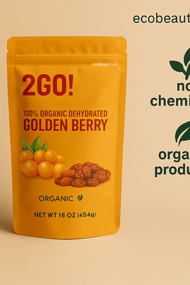 Front close-up of 2GO! organic dehydrated golden berry snack package on a neutral background with eco-friendly label ecobeaut.com, marked no chemicals and organic products.