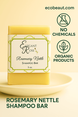 Front view of Rosemary Nettle Shampoo Bar by Elegant Rose, standing on a white plate with a clean label, next to eco-friendly icons and the ecobeaut.com website – labeled no chemicals and organic products.