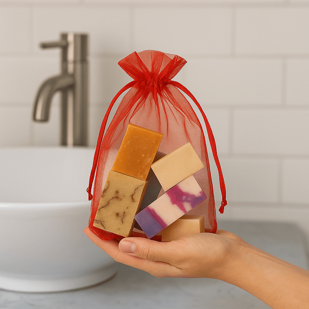 Gift bag with assorted handmade soap samples in vibrant colors, surrounded by decorative green leaves, held by hands – ecobeaut.com