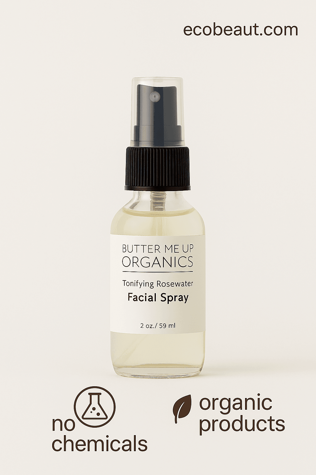 Butter Me Up Organics facial spray bottle on a white background with branding and product details.