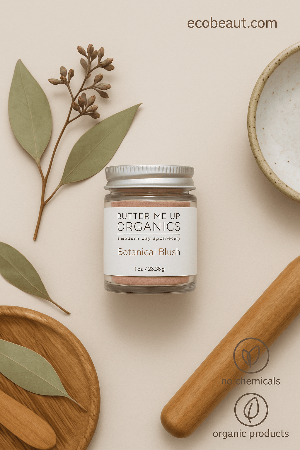 Glass jar of Botanical Blush by Butter Me Up Organics on beige background with eucalyptus leaves and ceramic dish – ecobeaut.com, no chemicals, organic products