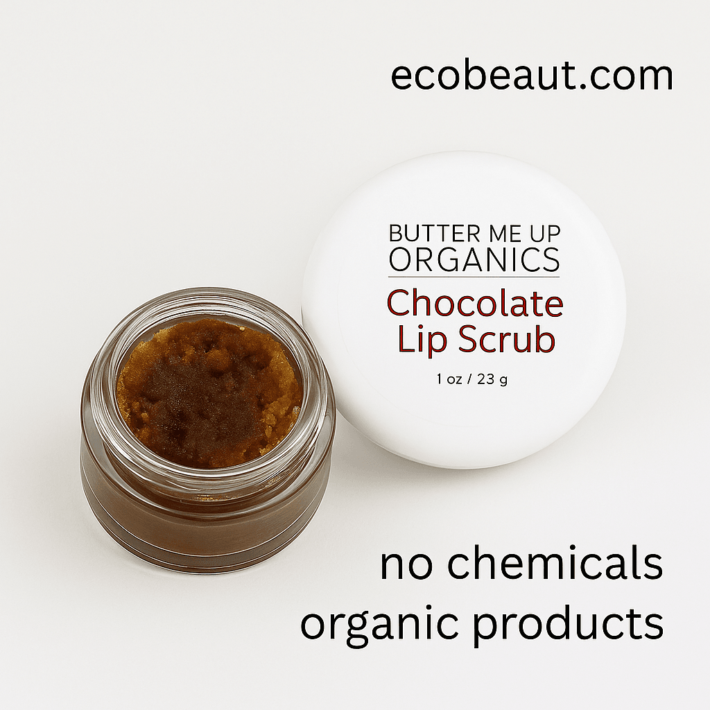 Glass jar of Butter Me Up Organics Chocolate Lip Scrub on white background, showing textured dark brown scrub and white lid, labeled no chemicals and organic products, with ecobeaut.com in the top right corner