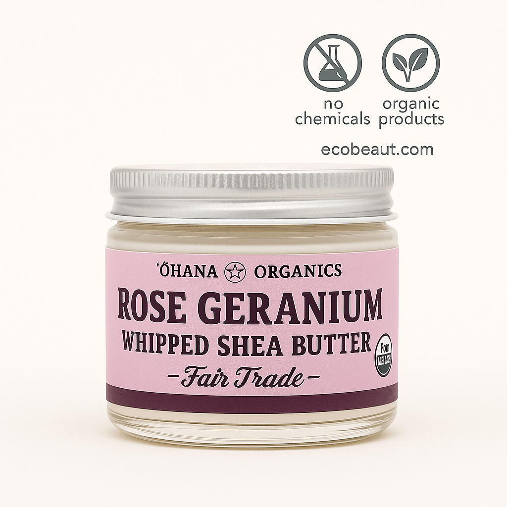 Glass jar of Ohana Organics Rose Geranium Whipped Shea Butter with silver lid and mauve label, displayed on a clean beige background with no chemicals and organic products icons and ecobeaut.com in the top right corner








