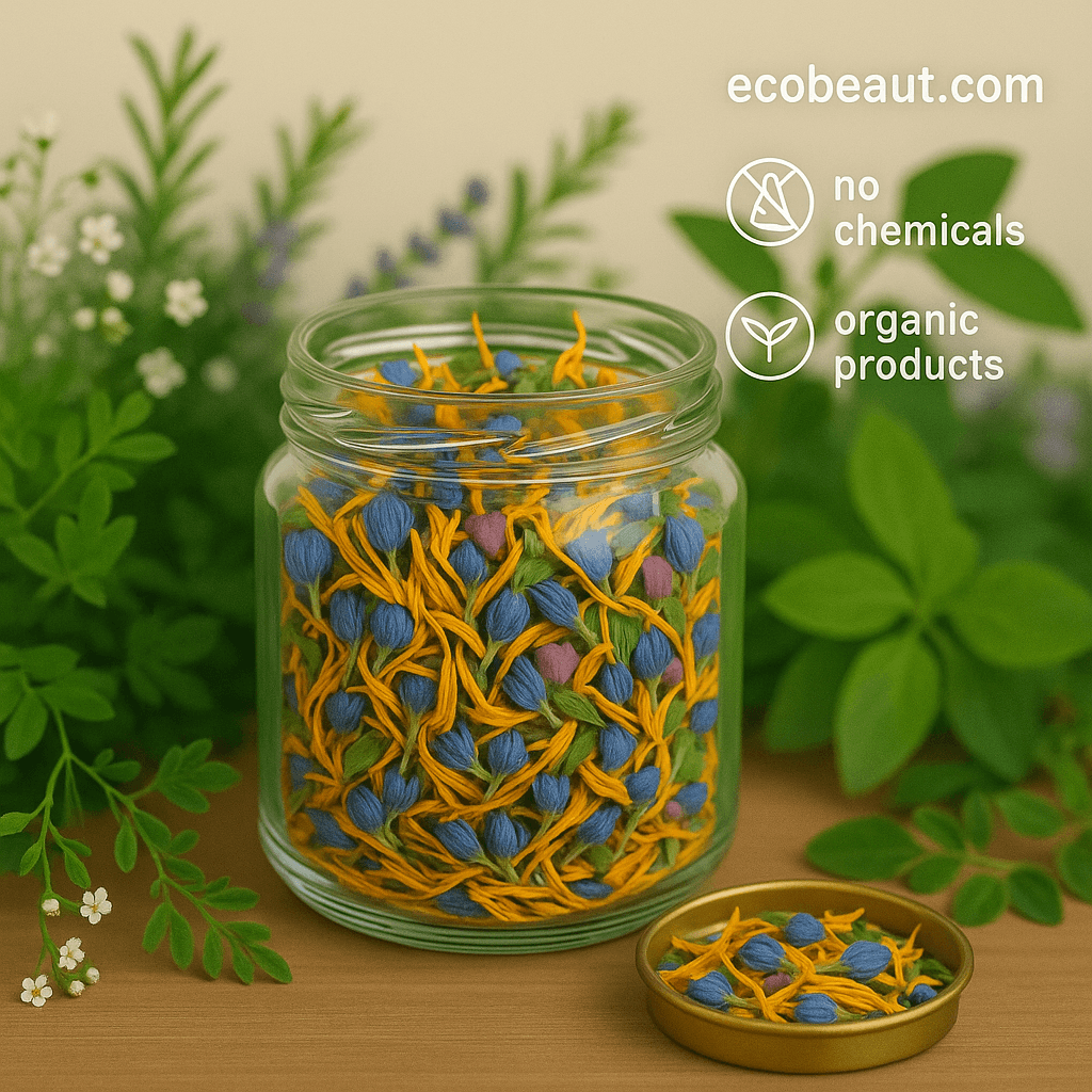 Glass jar of dried herbal flowers on a wooden surface with greenery – ecobeaut.com, no chemicals, organic products