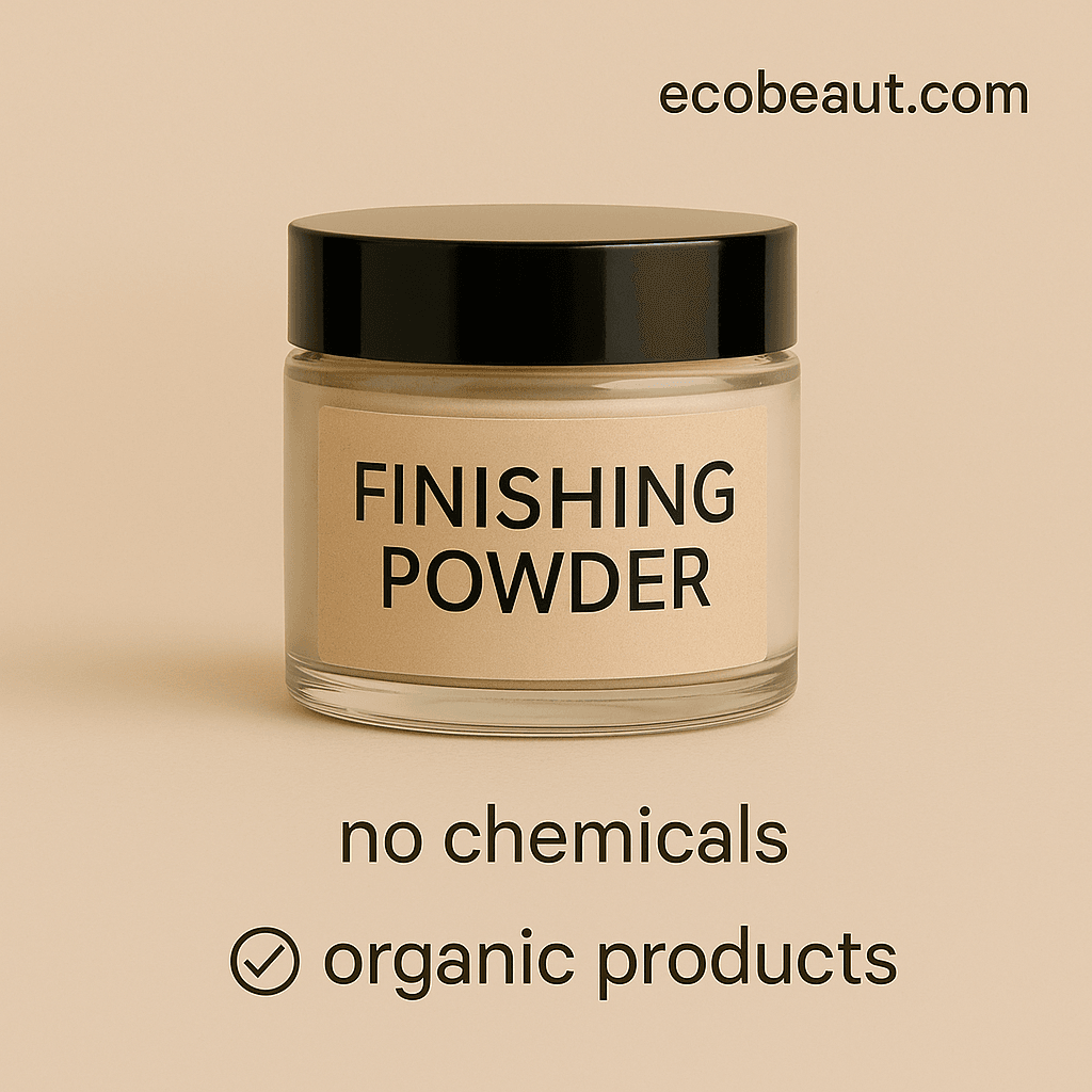 Glass jar of finishing powder with black lid on neutral beige background, labeled “Finishing Powder.” Text “ecobeaut.com” appears in the top right, with “no chemicals” and “organic products” markings below the jar.