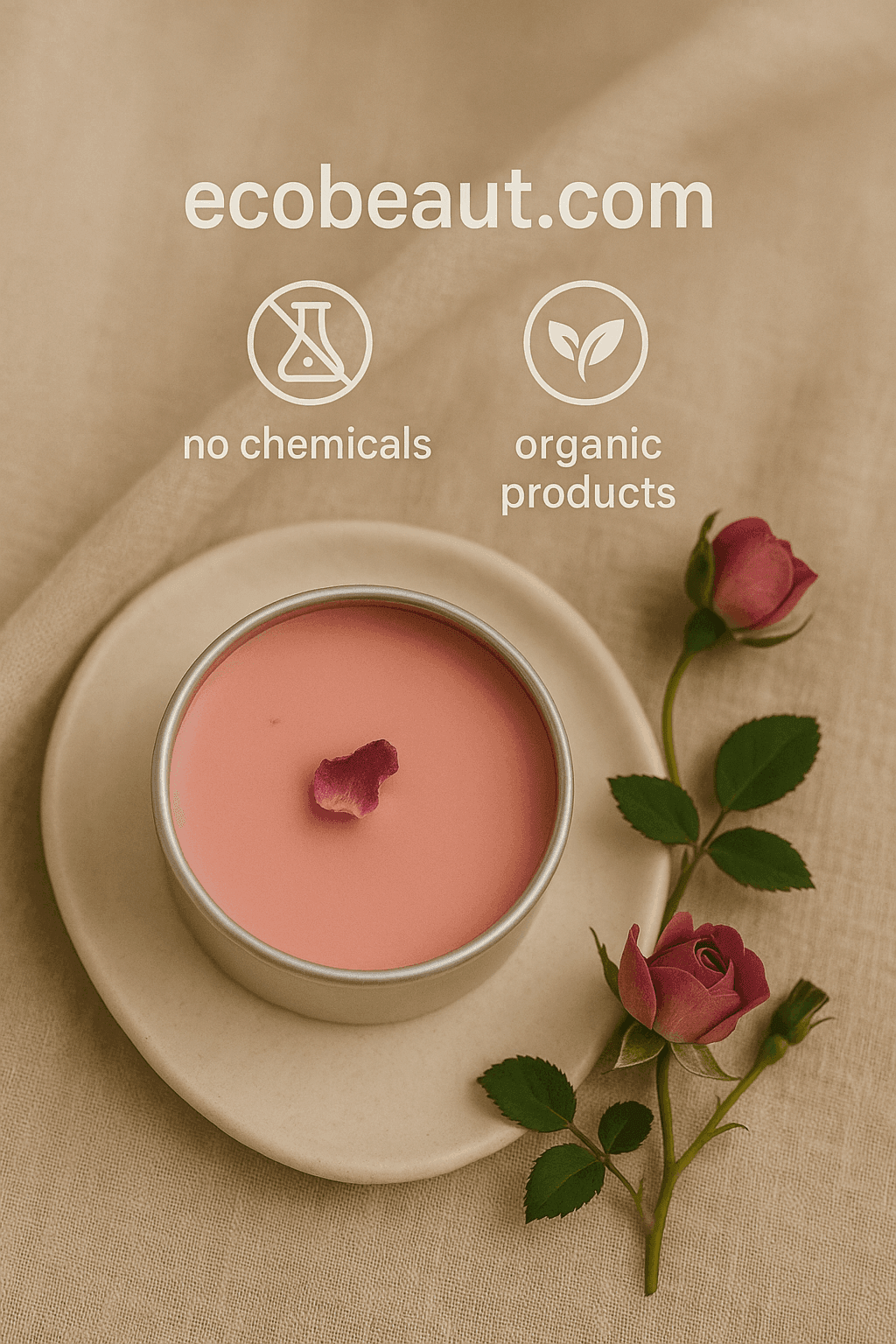 Glass jar of pink soy candle with dried rose petal on ceramic plate, surrounded by delicate roses – ecobeaut.com, organic products, no chemicals