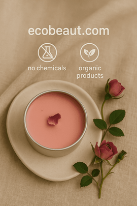 Glass jar of pink soy candle with dried rose petal on ceramic plate, surrounded by delicate roses – ecobeaut.com, organic products, no chemicals
