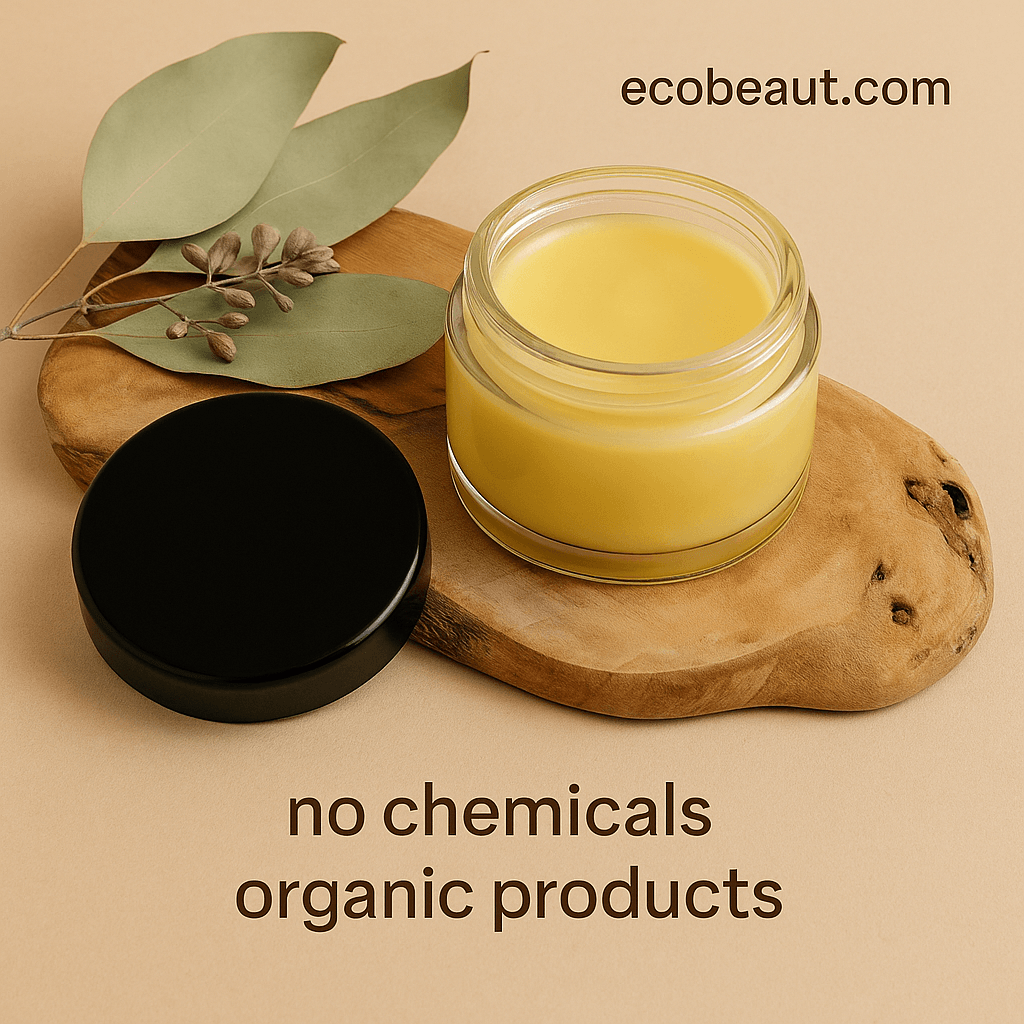 Glass jar of yellow organic facial cream with a black lid on a beige background, featuring “ecobeaut.com” in the top right corner and labels “no chemicals” and “organic products” at the bottom.








