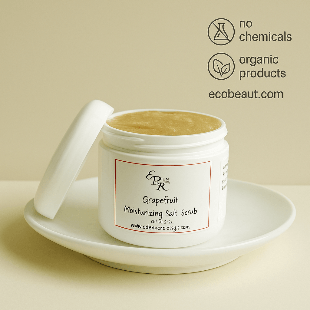 Grapefruit Moisturizing Salt Scrub in a white jar by Elegant Rose, displayed on a ceramic dish – organic exfoliating body scrub, no chemicals, ecobeaut.com