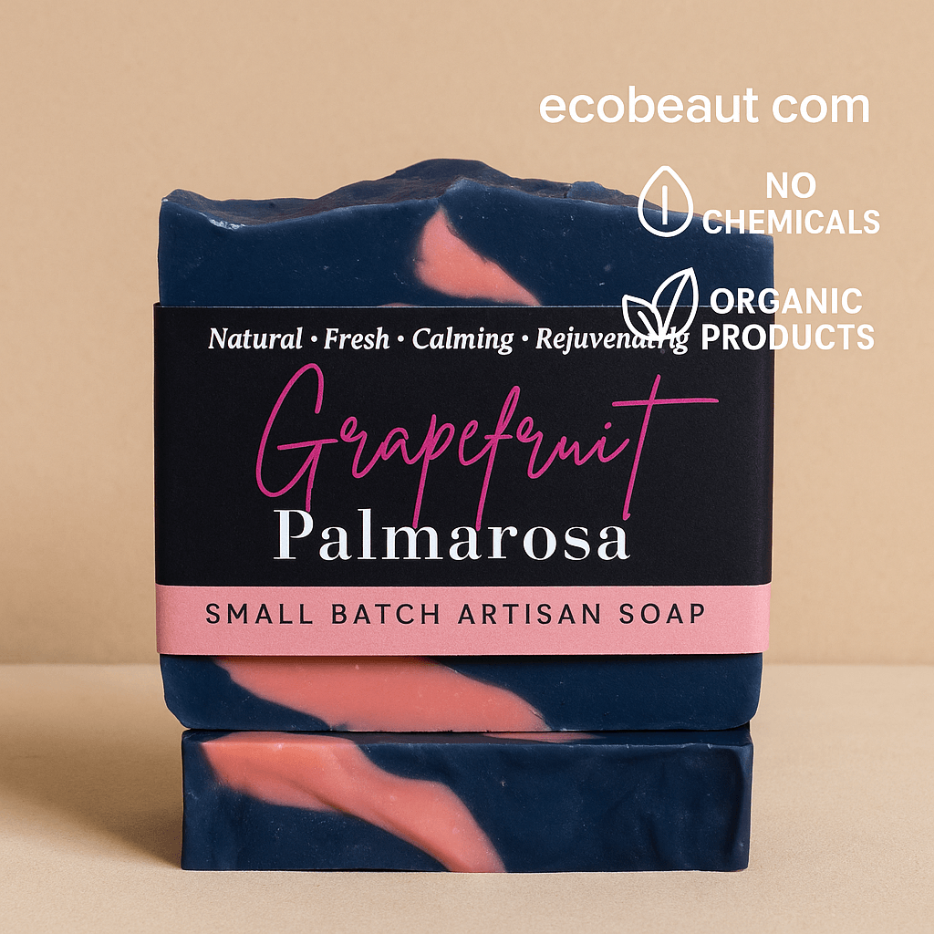 Grapefruit Palmarosa artisan soap bar with navy and pink swirls, featuring large and bold ecobeaut.com, “NO CHEMICALS,” and “ORGANIC PRODUCTS” icons in the top right corner on a beige background.