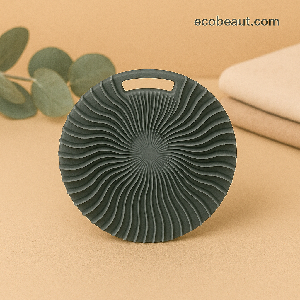 Gray silicone body scrubber with ergonomic grip and ripple texture, displayed on beige background – eco-friendly exfoliating skincare tool, ecobeaut.com branding in corner

