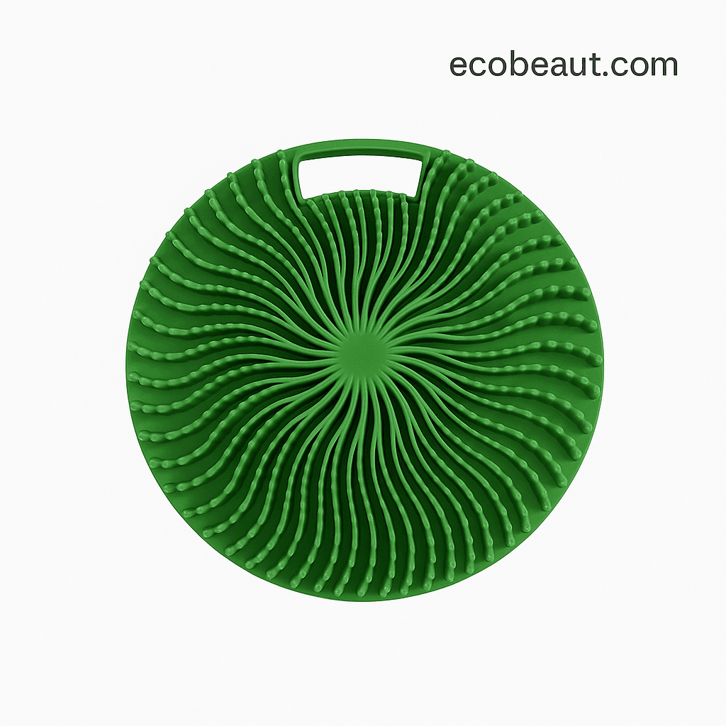 Green silicone body scrubber with textured spiral design and handle – eco-friendly skincare tool from ecobeaut.com"