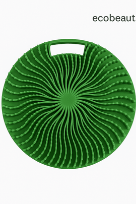 Green silicone body scrubber with textured spiral design and handle – eco-friendly skincare tool from ecobeaut.com"