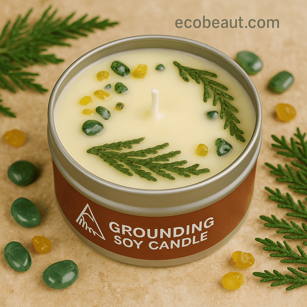 Grounding soy candle with green aventurine and golden resin on natural background – eco-friendly aromatherapy candle from ecobeaut.com