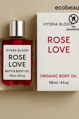 HYDRA BLOOM ROSE LOVE Bath & Body Oil bottle with rose petals inside, displayed next to its white packaging box on a clean beige background, featuring eco-friendly icons and ecobeaut.com in the top right corner









