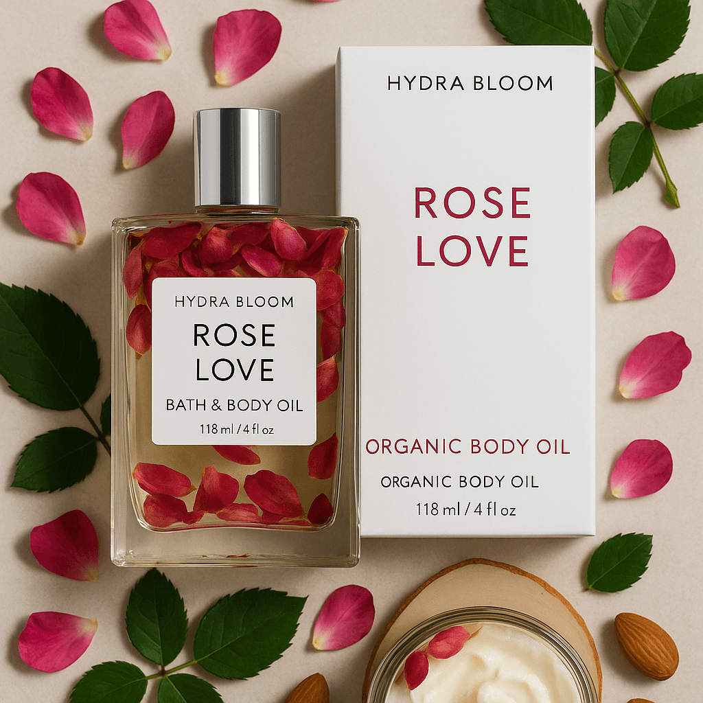 HYDRA BLOOM ROSE LOVE Bath & Body Oil in a transparent glass bottle filled with golden oil and rose petals, placed next to its branded packaging on a plain beige background, with eco-friendly labels "no chemicals", "organic products", and ecobeaut.com in the top right corner








