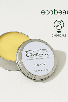 Butter Me Up Organics Hair Wax container with open lid on a white background, featuring ecobeaute.com branding.