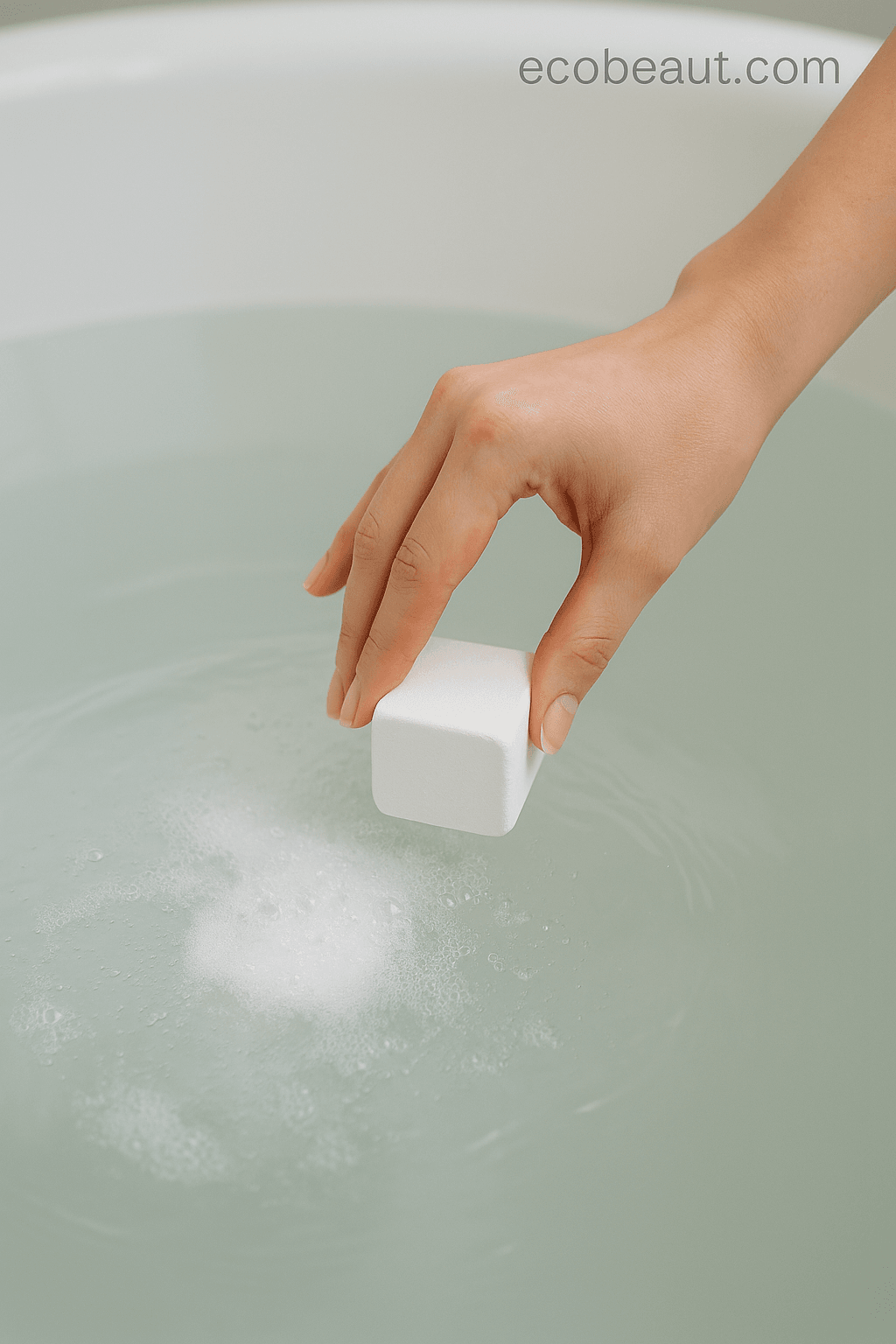 Hand dropping a square white shower steamer into a fresh bath, water beginning to fizz gently, ecobeaut.com