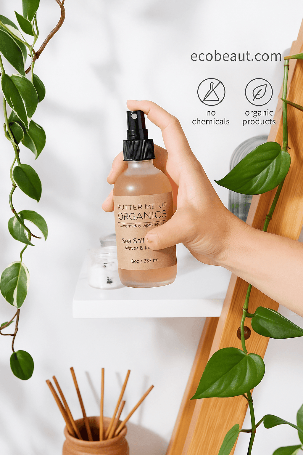 Hand holding Butter Me Up Organics sea salt spray with ecobeaut.com branding and green leaves in background.



