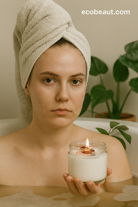 Woman in a bath holding a candle with a towel on her head, surrounded by plants.