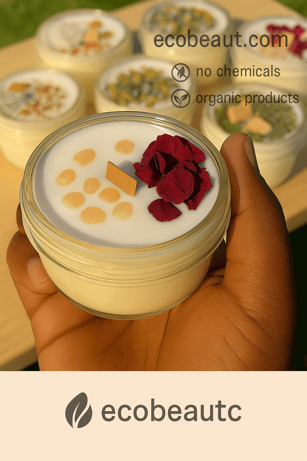 Hand holding an organic soy wax candle with crystals and botanicals – Butter Me Up Organics Grief Candle, eco-friendly and chemical-free