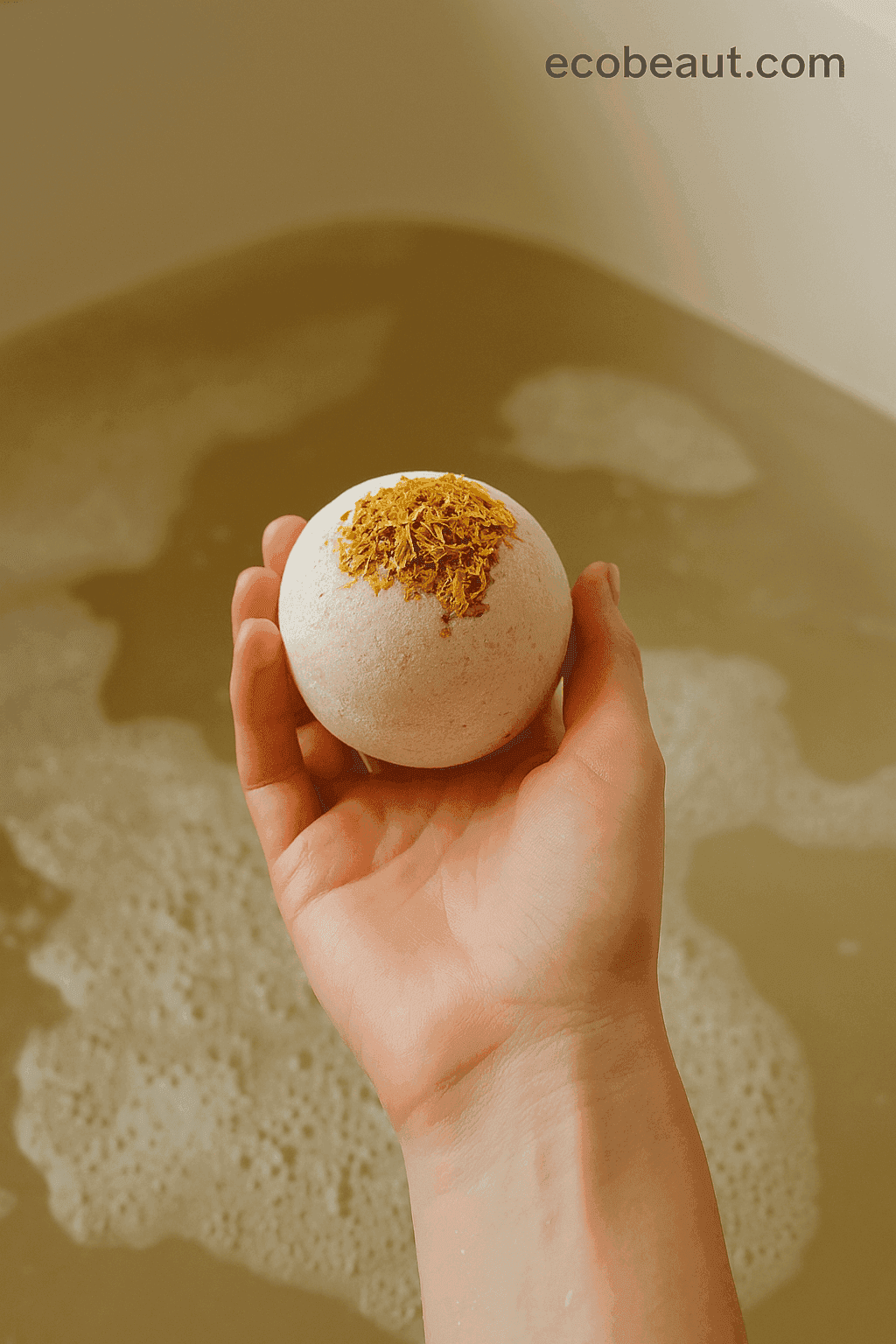 Hand holding calendula bath bomb above warm bath water, showcasing dried calendula petals on top, ecobeaut.com
