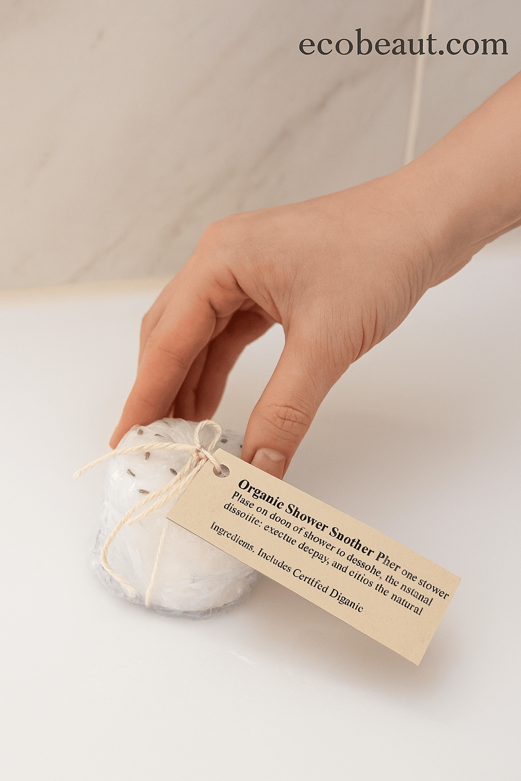 Hand holding lavender organic shower steamer under running water – relaxing aromatherapy shower moment by ecobeaut.com