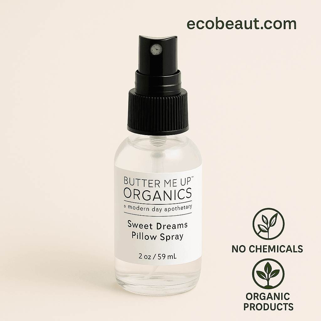 Hand using Sweet Dreams Pillow Spray from Butter Me Up Organics in a natural bedroom setting – calming aromatherapy for better sleep – no chemicals, organic products – ecobeaut.com