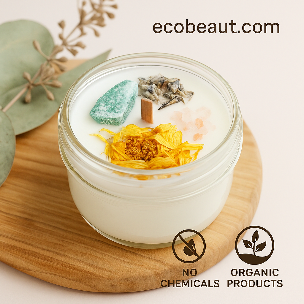 Handcrafted Blessings Intention Candle in a glass jar with dried flowers and crystal, organic soy wax candle on a wooden board. no chemicals, organic products – ecobeaut.com