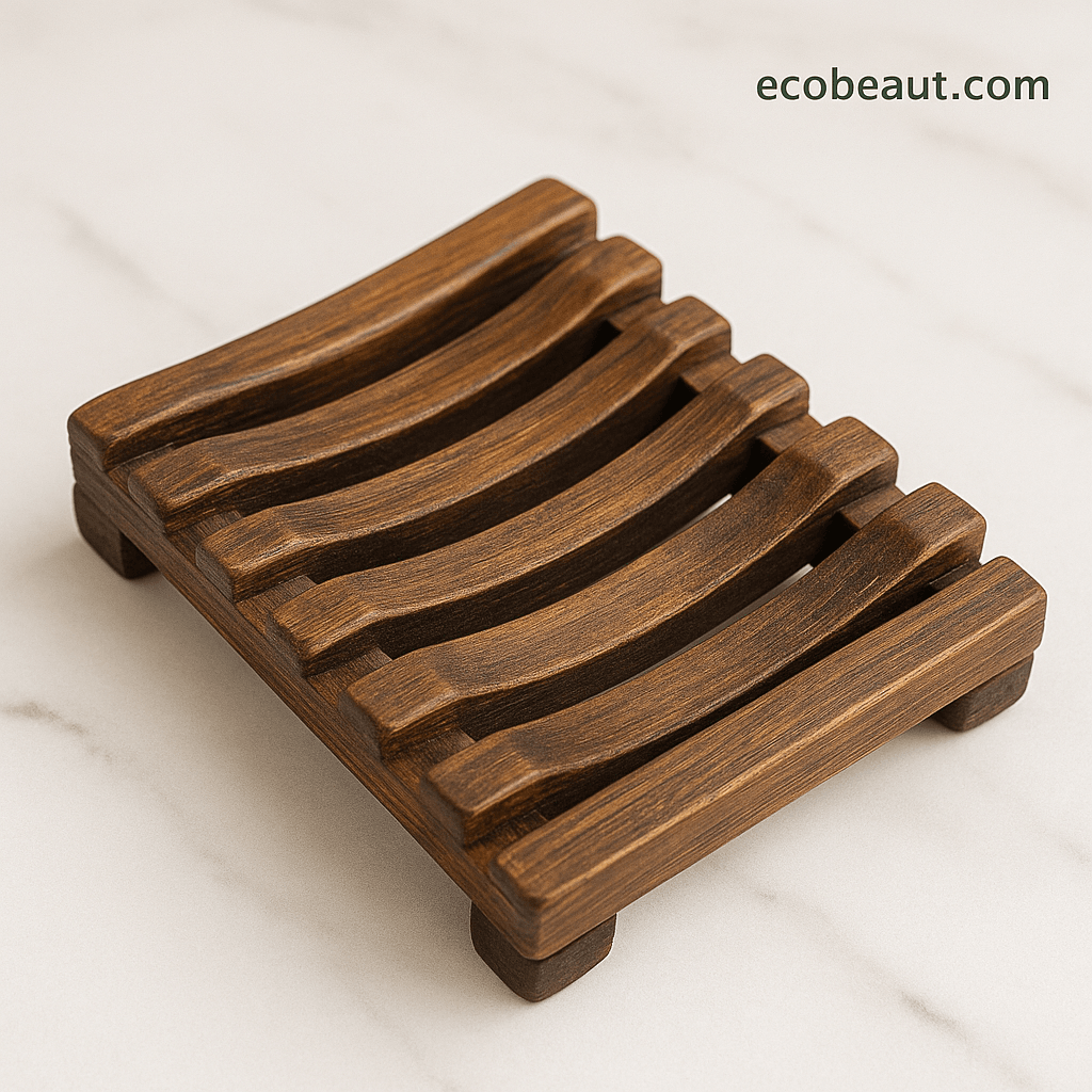 Handcrafted dark wood soap dish on marble surface – ecobeaut.com