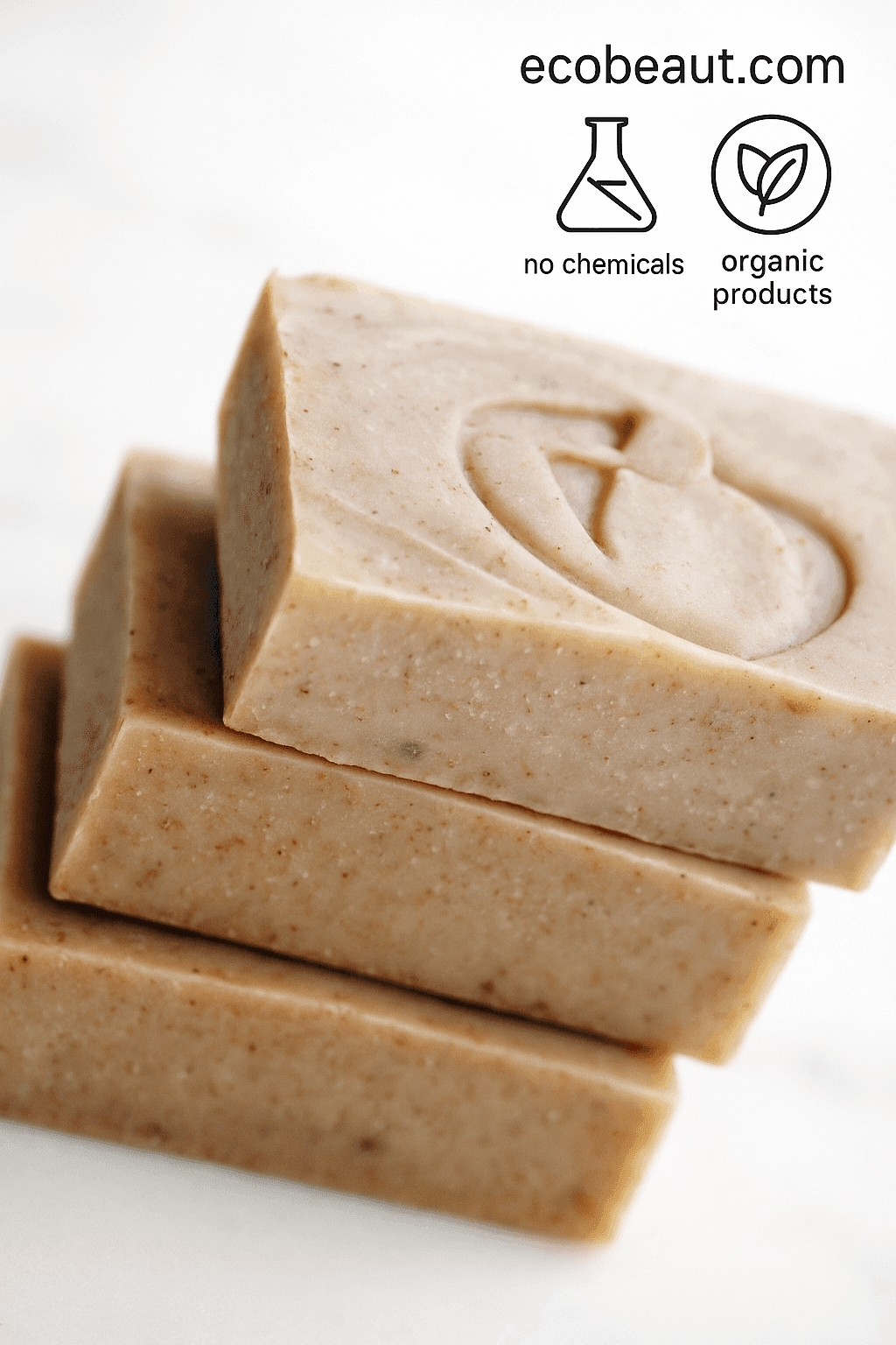 Handcrafted organic soap bars stacked on marble surface with embossed design – Three Kings bar soap with frankincense and myrrh – ecobeaut.com, no chemicals, organic products