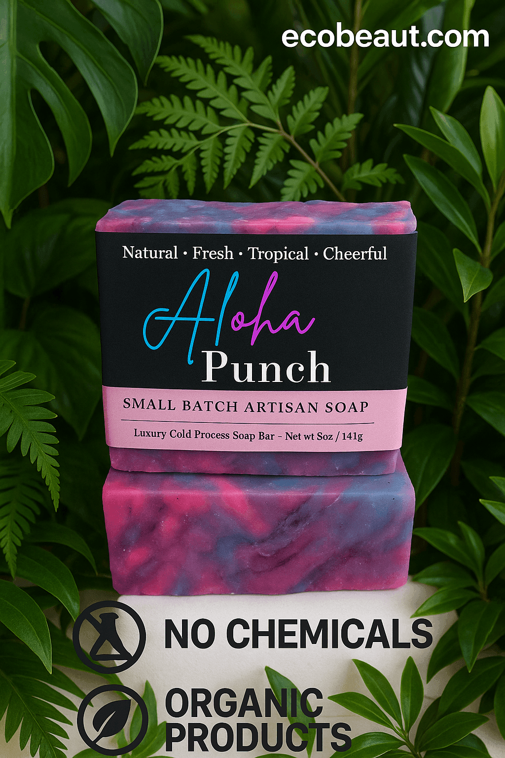 Handmade Aloha Punch artisan soap with colorful swirls, surrounded by tropical green leaves. Label features ecobeaut.com at the top and certifications for no chemicals and organic products at the bottom
