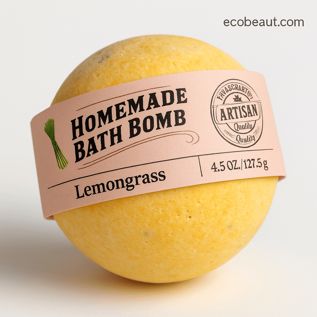 Handmade Lemongrass Bath Bomb beautifully presented on a rustic background – organic and natural by ecobeaut.com