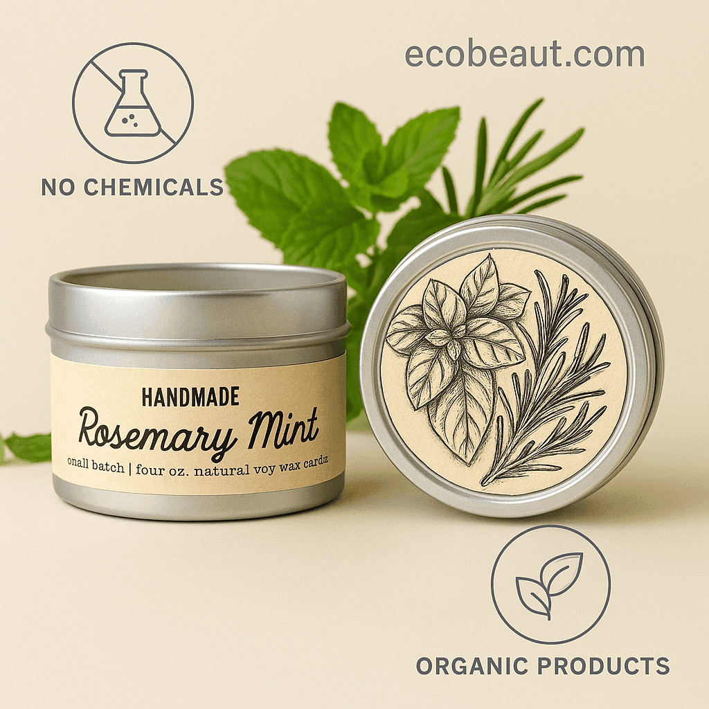 Handmade rosemary mint soy candle in silver tin with botanical lid art – natural and organic product from ecobeaut.com