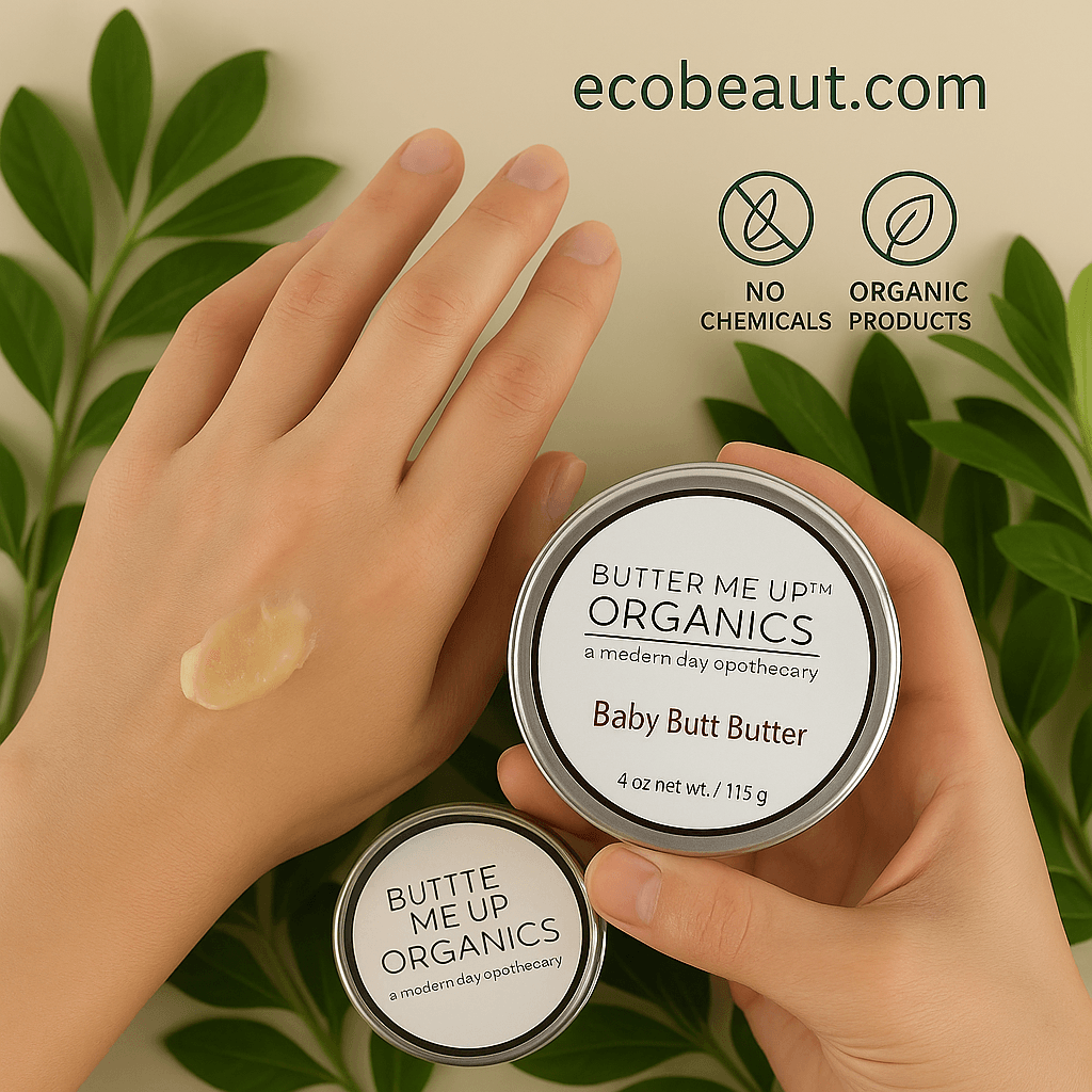 Hands applying Baby Butt Butter from Butter Me Up Organics with eco-friendly icons and ecobeaut.com branding in the top right corner, surrounded by green leaves.