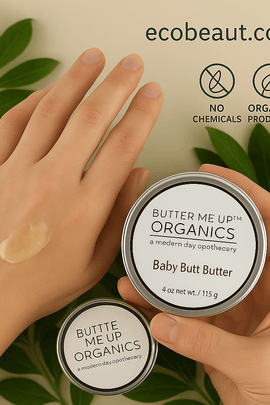 Hands applying Baby Butt Butter from Butter Me Up Organics with eco-friendly icons and ecobeaut.com branding in the top right corner, surrounded by green leaves.