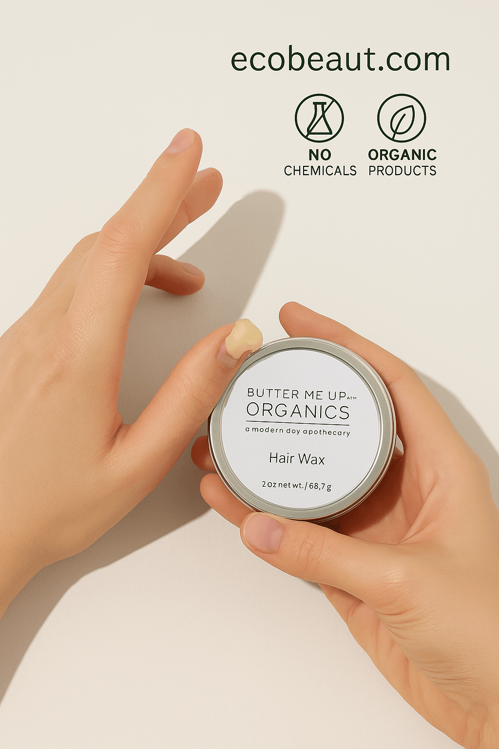 Hands applying Butter Me Up Organics Hair Wax on a clean background with eco-friendly icons and ecobeaut.com branding in the top right corner.





