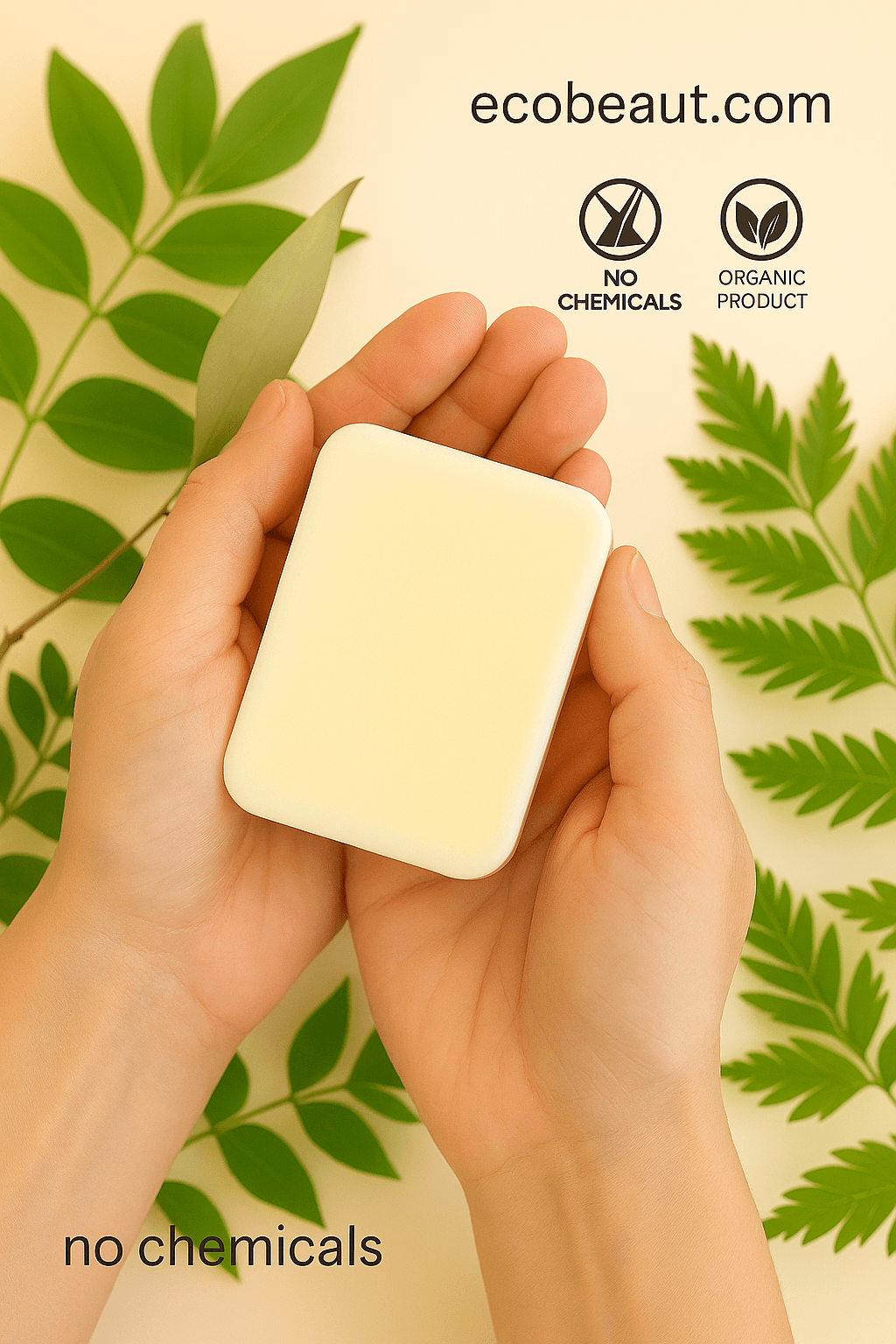 Hands holding a handmade white soap bar surrounded by fresh green leaves, with ecobeaut.com and “NO CHEMICALS” / “ORGANIC PRODUCT” icons in the upper right corner, promoting natural and organic skincare use.