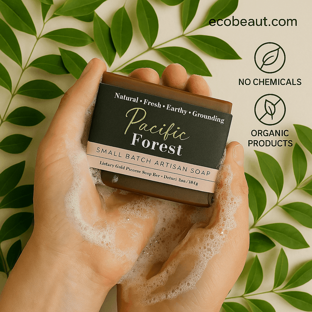 Hands lathering with Pacific Forest soap by ecobeaut.com, surrounded by green leaves and labeled with “NO CHEMICALS” and “ORGANIC PRODUCTS” in the top right corner.