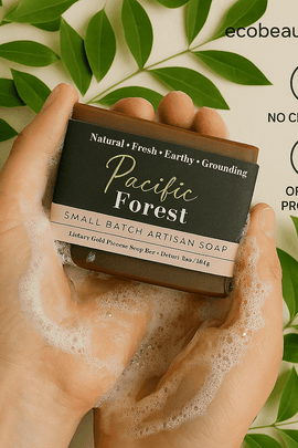 Hands lathering with Pacific Forest soap by ecobeaut.com, surrounded by green leaves and labeled with “NO CHEMICALS” and “ORGANIC PRODUCTS” in the top right corner.