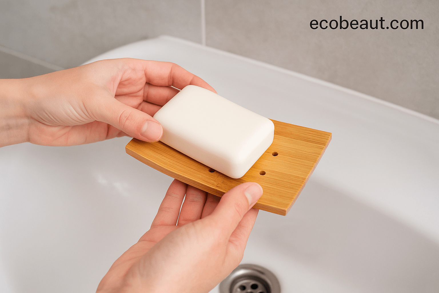 Hands placing a white soap bar on a bamboo soap dish above a sink – sustainable bathroom routine with ecobeaut.com product
