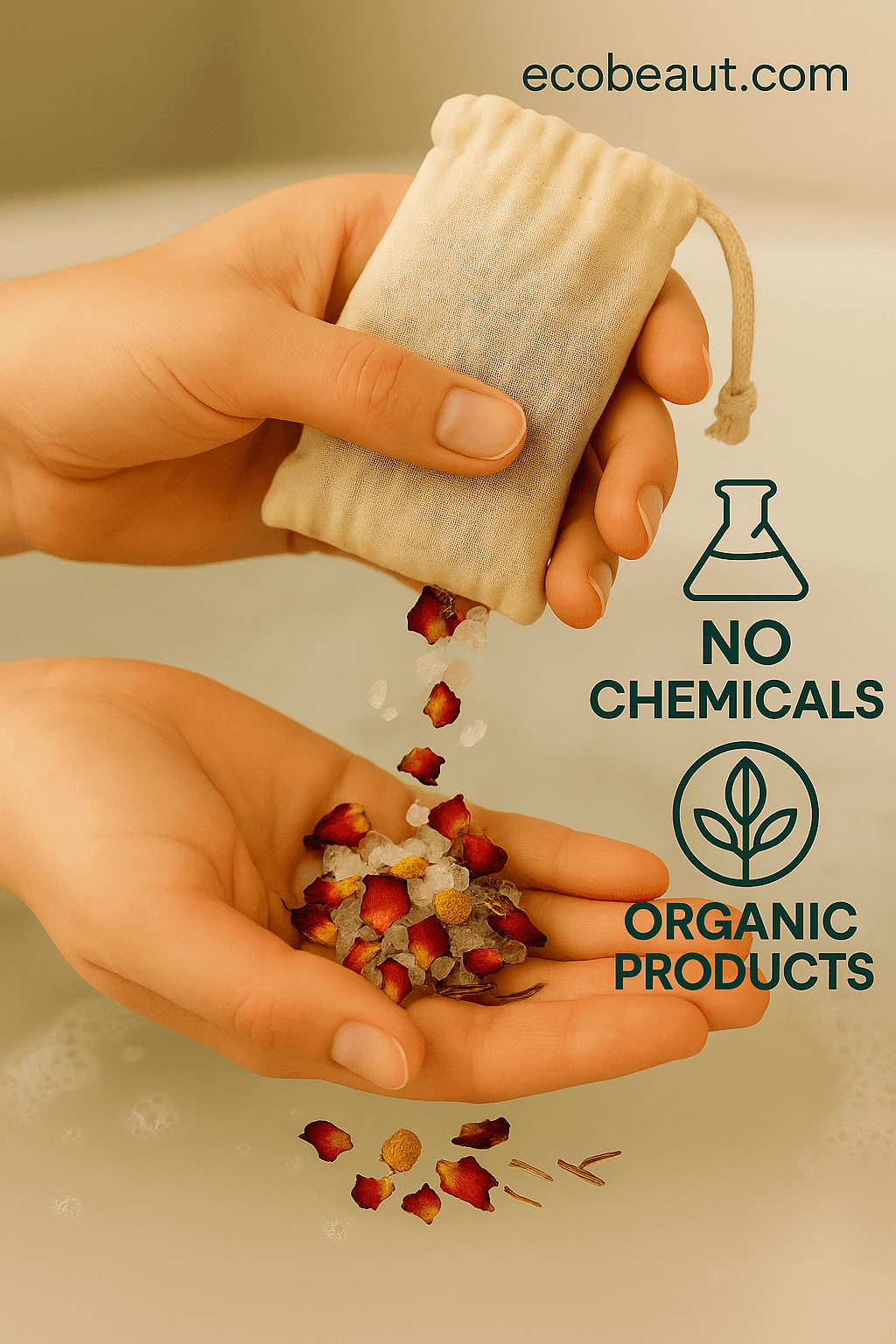 Hands pouring Rose Tub Tea bath salts and flower petals from a muslin pouch above a warm bathtub, with 'no chemicals', 'organic products' icons and ecobeaut.com in the top right corner.